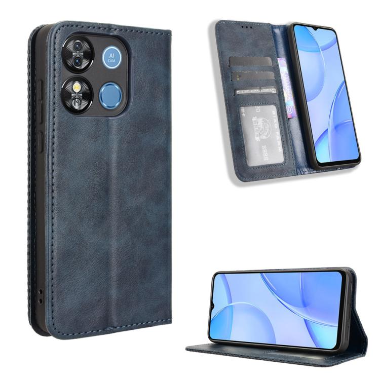 Dark blue retro-textured leather phone case with magnetic buckle and card slots