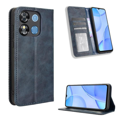 Dark blue retro-textured leather phone case with magnetic buckle and card slots