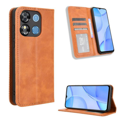Brown retro-textured leather phone case with magnetic buckle and card slots
