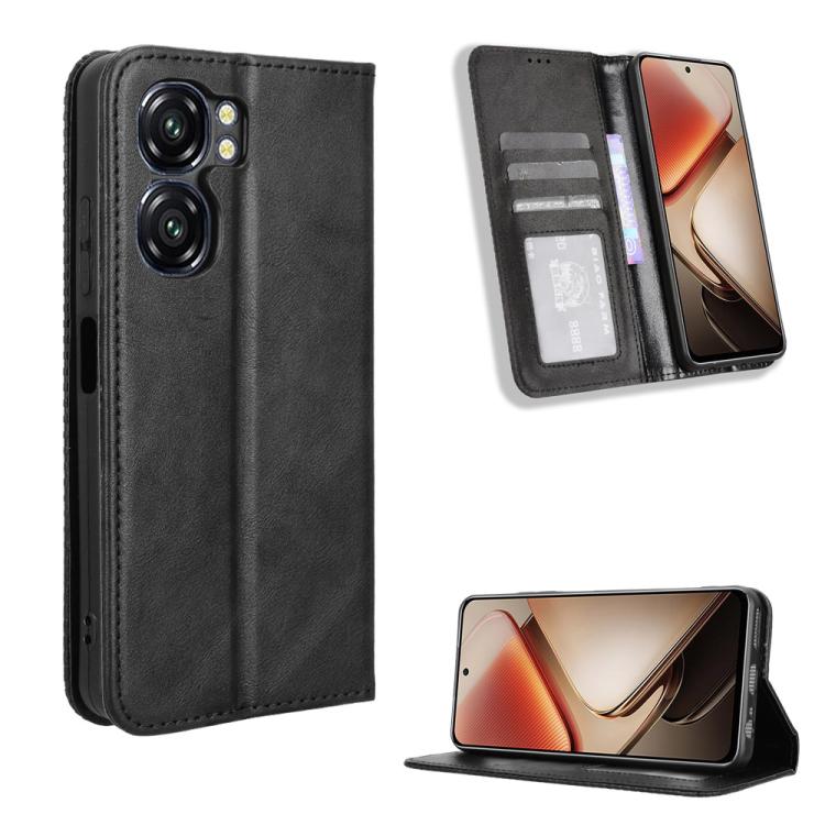 Retro leather phone case with magnetic buckle, black wallet style with card slots