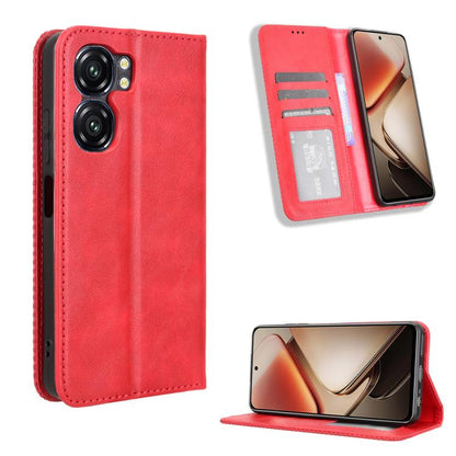 Red retro-textured leather phone case with magnetic buckle and card slots