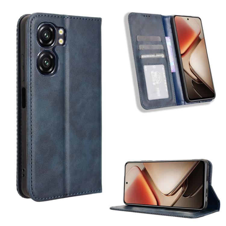 Dark blue retro-textured leather phone case with magnetic buckle and card slots