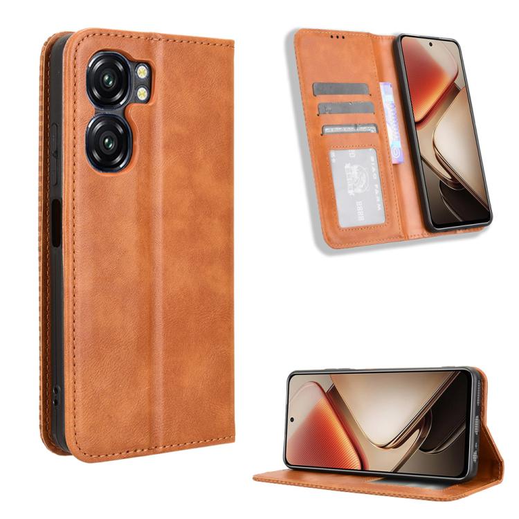 Brown retro-textured leather phone case with magnetic buckle and card slots