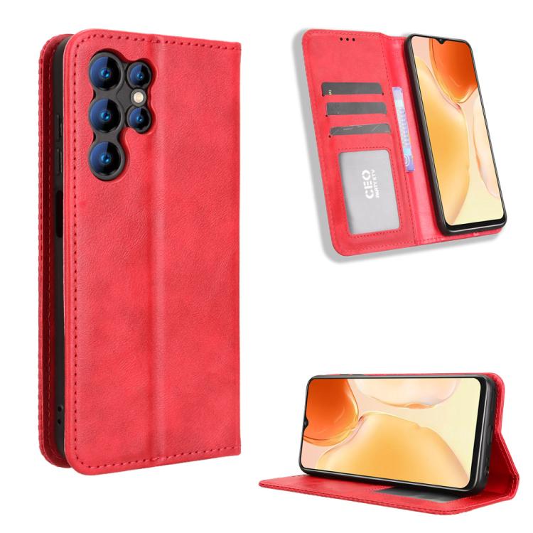 Red retro leather phone case with magnetic buckle and flip stand, card slot visible