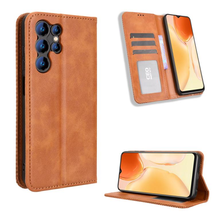 Tan retro leather phone case with magnetic buckle and flip stand, card slot visible