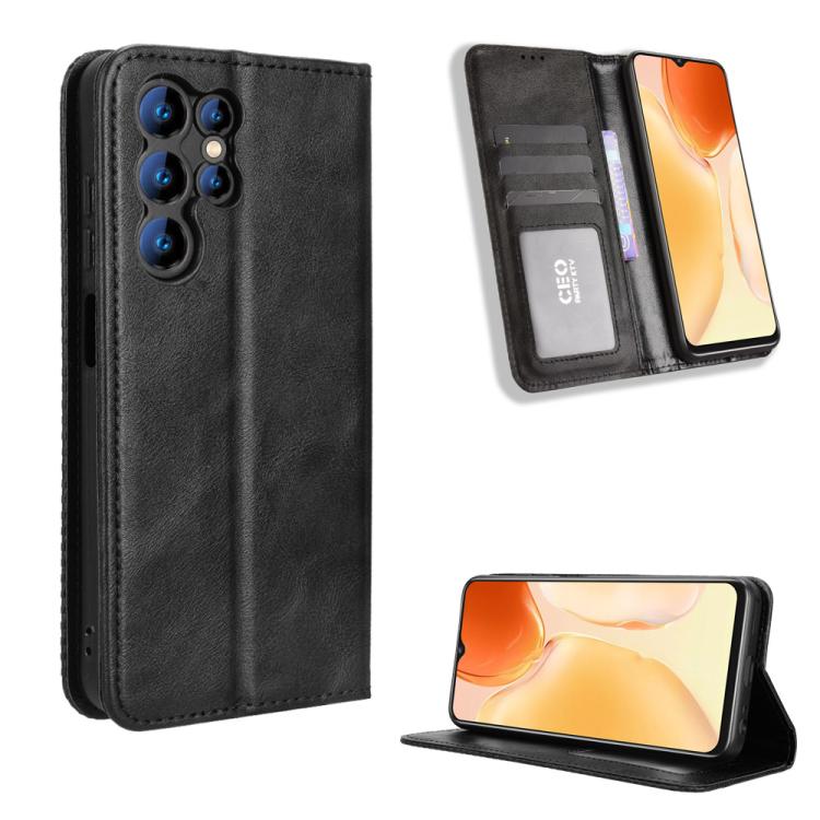 Retro leather phone case with magnetic buckle, black wallet style with card slots