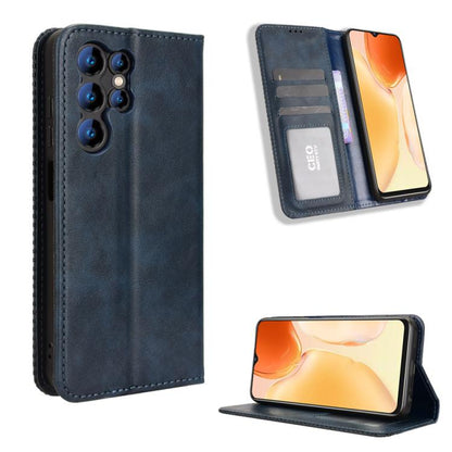 Retro leather phone case with magnetic buckle, navy wallet style with card slots