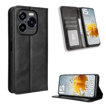 Retro leather phone case with magnetic buckle, black wallet style with card slots