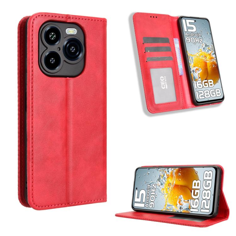 Retro leather phone case with magnetic buckle, red wallet style with card slots
