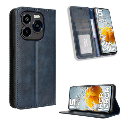 Retro leather phone case with magnetic buckle, navy wallet style with card slots