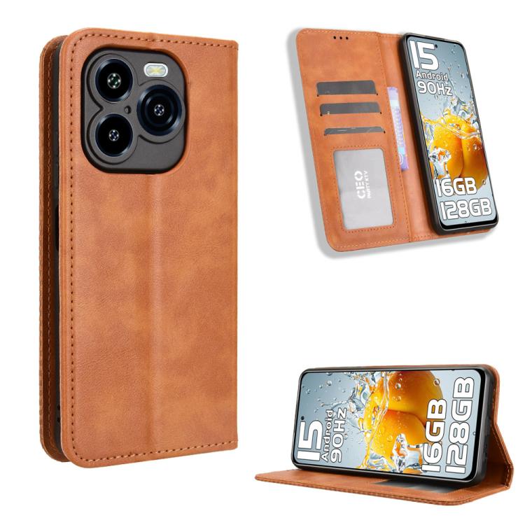 Retro leather phone case with magnetic buckle, tan wallet style with card slots