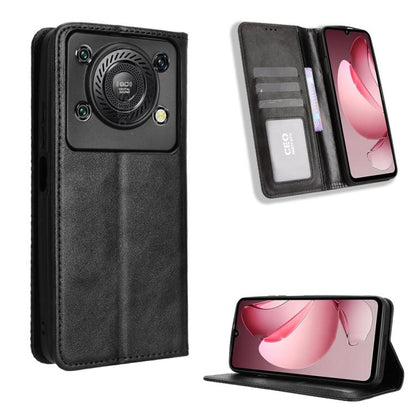 Black retro texture leather phone case with magnetic buckle and flip stand, card slot visible