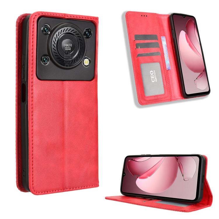 Red retro texture leather phone case with magnetic buckle and flip stand, card slot visible
