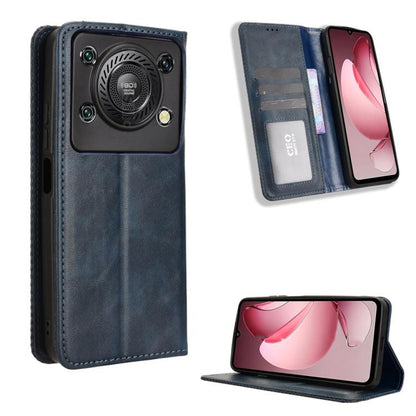Blue-gray retro texture leather phone case with magnetic buckle and flip stand, card slot visible