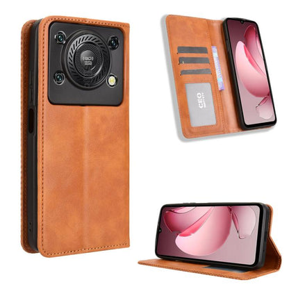 Retro leather phone case with magnetic buckle, brown wallet style with card slots