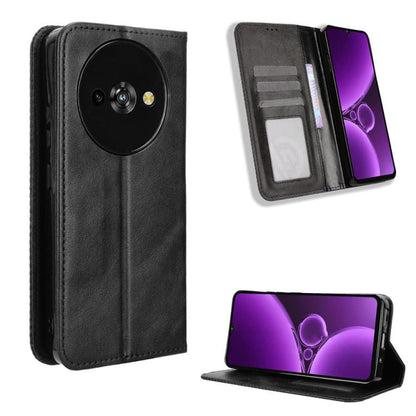 Magnetic buckle retro leather phone case, black, with card slot and flip-stand view.