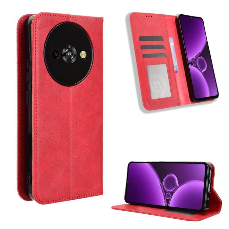 Red retro leather phone case with magnetic buckle and flip stand, card slot visible