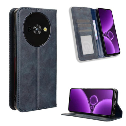 Dark blue retro leather phone case with magnetic buckle and flip stand, card slot visible