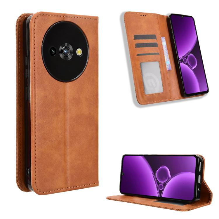 Brown retro leather phone case with magnetic buckle and flip stand, card slot visible