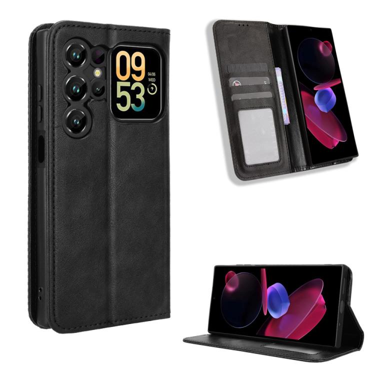 Magnetic buckle retro leather phone case, black, card slot and flip-stand design.