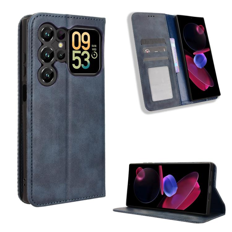 Magnetic buckle retro leather phone case, gray-blue, with card slot and stand view.