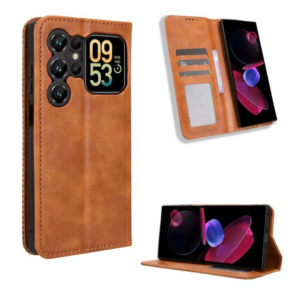 Magnetic buckle retro leather phone case, tan/brown, card slots and flip-stand design.