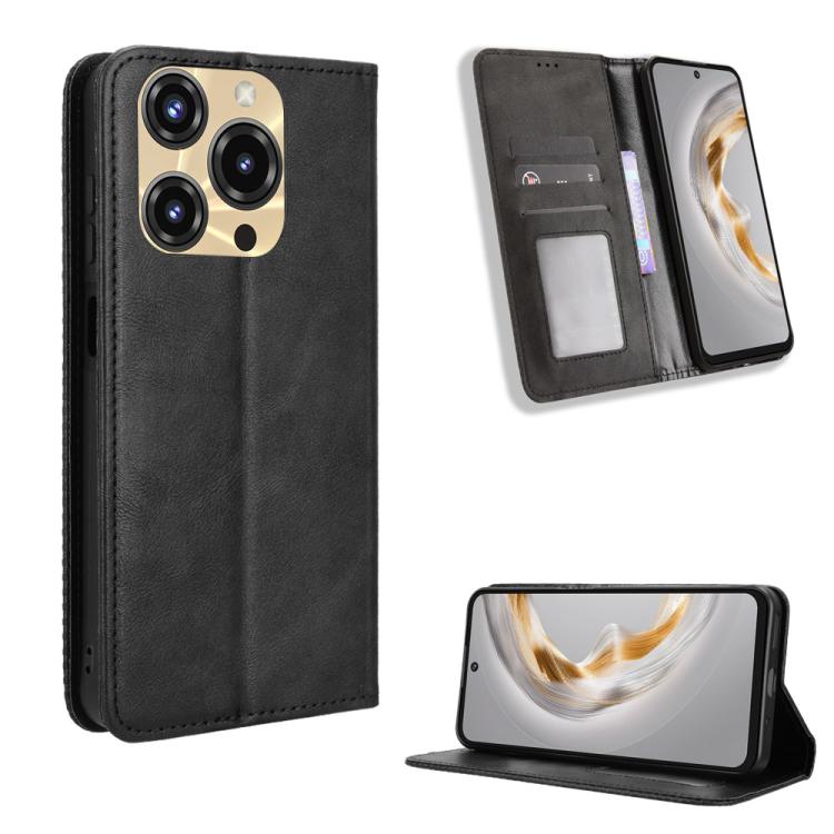 Magnetic buckle retro leather phone case, black, card slot window and stand view.