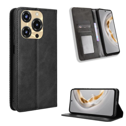 Magnetic buckle retro leather phone case, black, card slot window and stand view.