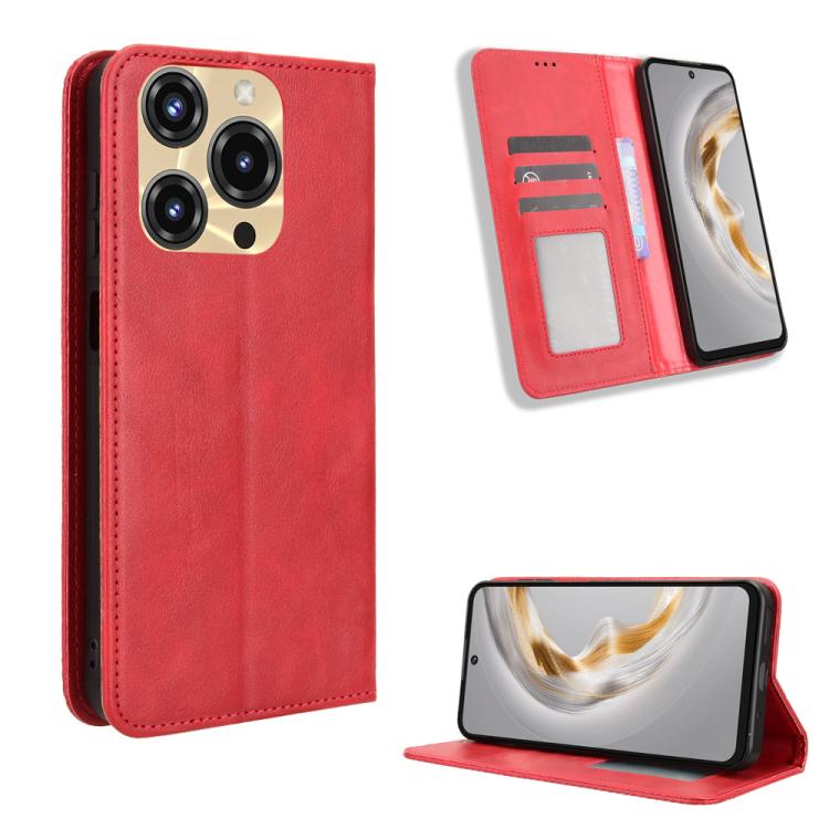 Magnetic buckle retro leather phone case, red, card slot and tabletop stand.