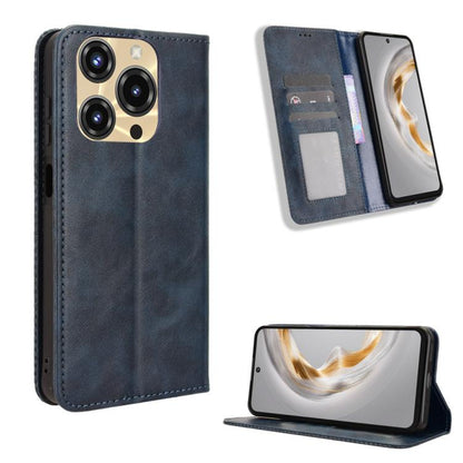 Magnetic buckle retro leather phone case, gray-blue, card slot and flip-stand design.
