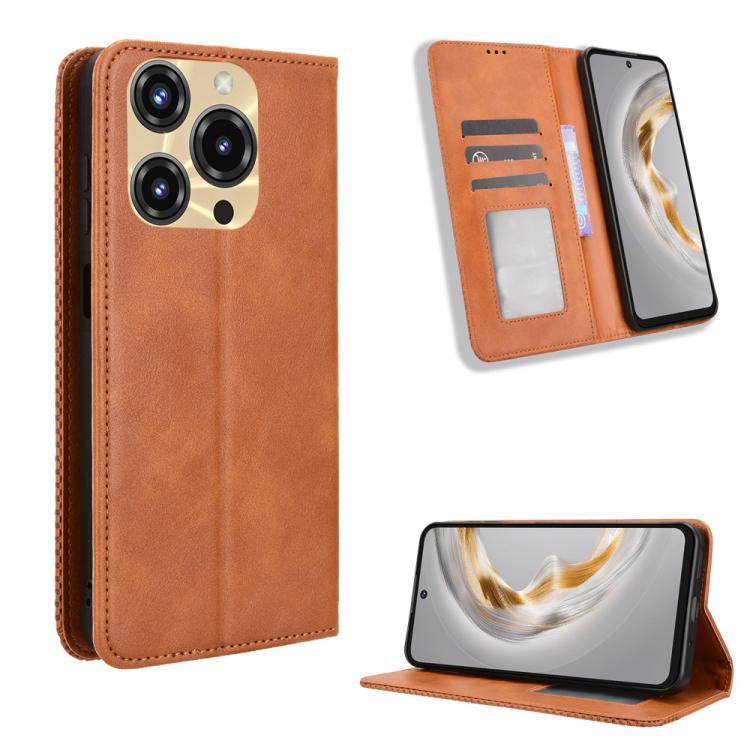 Magnetic buckle retro leather phone case, tan/brown, card slots and flip-stand design.