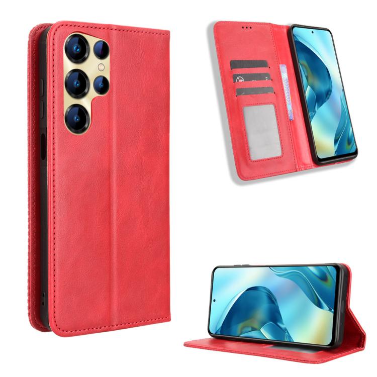 Magnetic buckle leather phone case with card slots and stand, red
