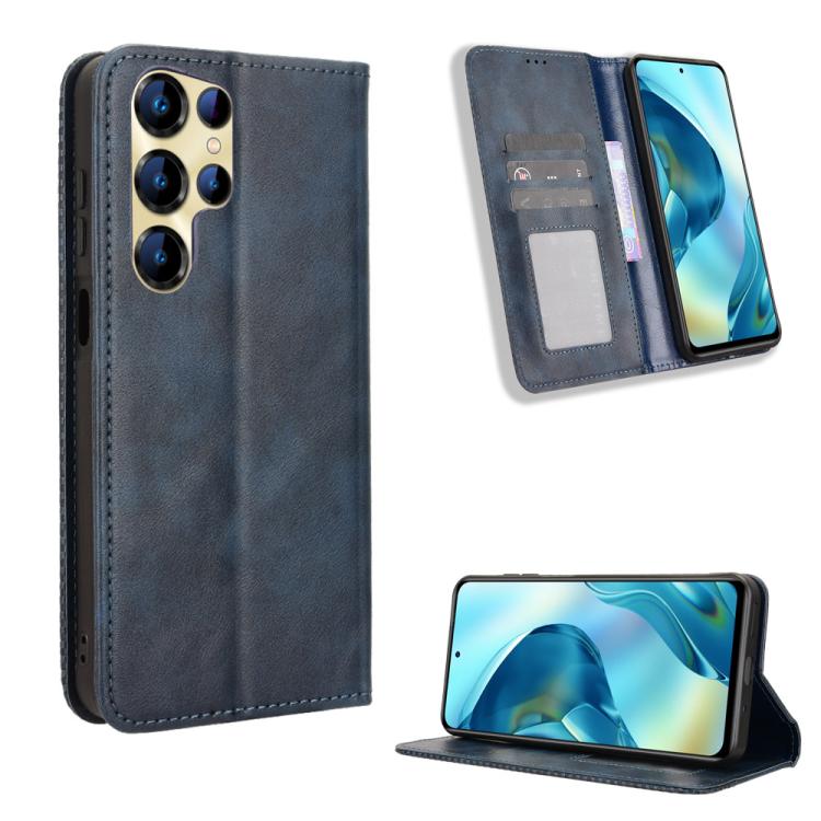 Magnetic buckle leather phone case with card slots and stand, dark blue