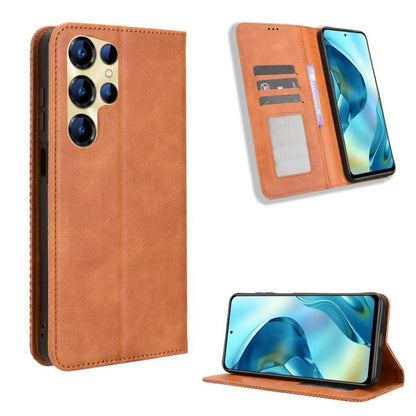 Magnetic buckle retro leather phone case, tan/brown, with card slots and stand view.