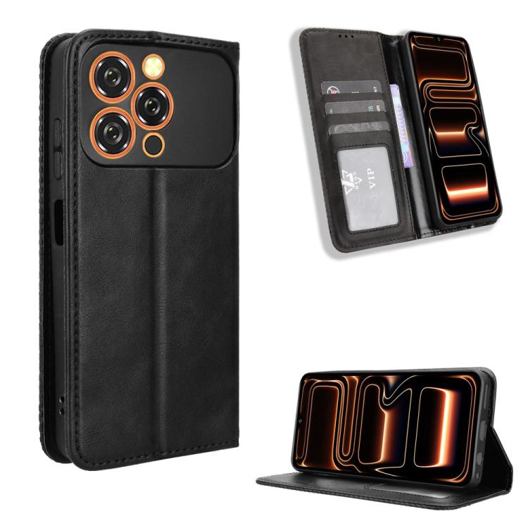 Black magnetic leather phone case with card slot and kickstand