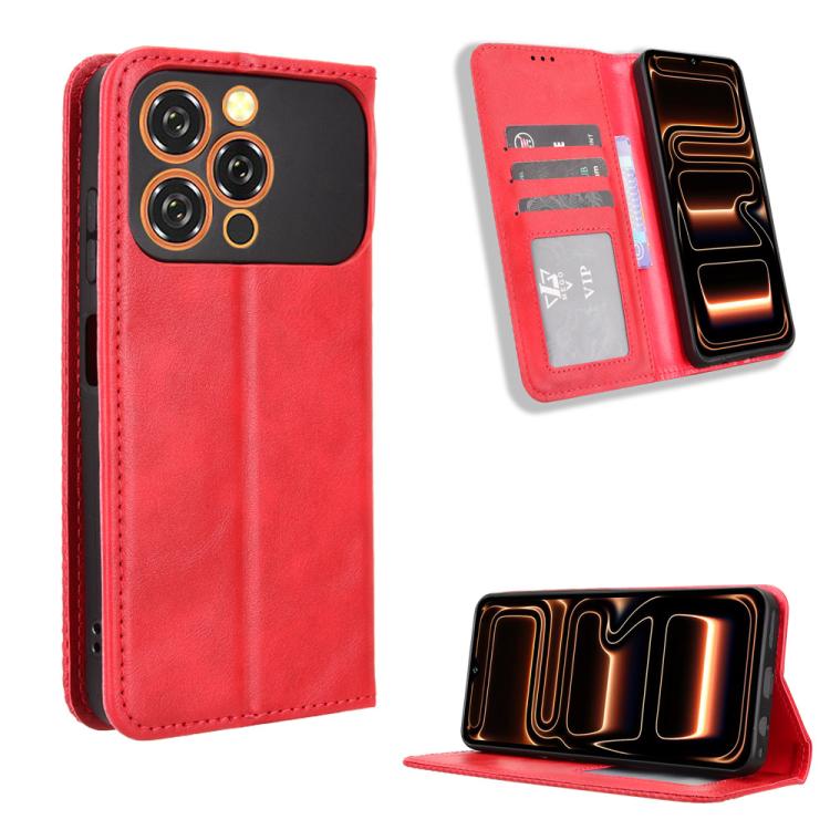 Magnetic buckle leather phone case with card slots and stand, red
