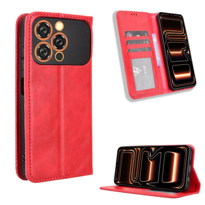 Magnetic buckle leather phone case with card slots and stand, red
