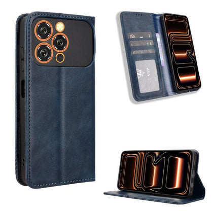 Magnetic buckle leather phone case with card slots and stand, dark blue