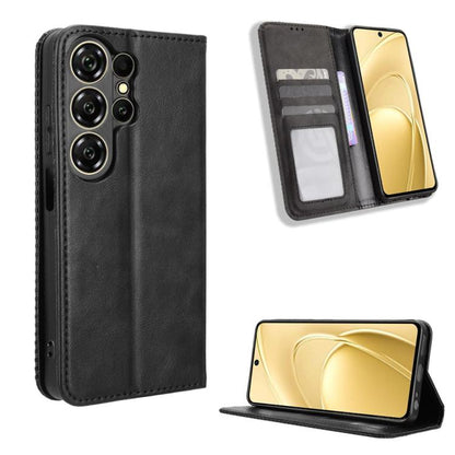 Magnetic buckle leather phone case with card slots and stand, black