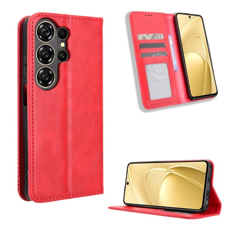 Magnetic buckle leather phone case with card slots and stand, red