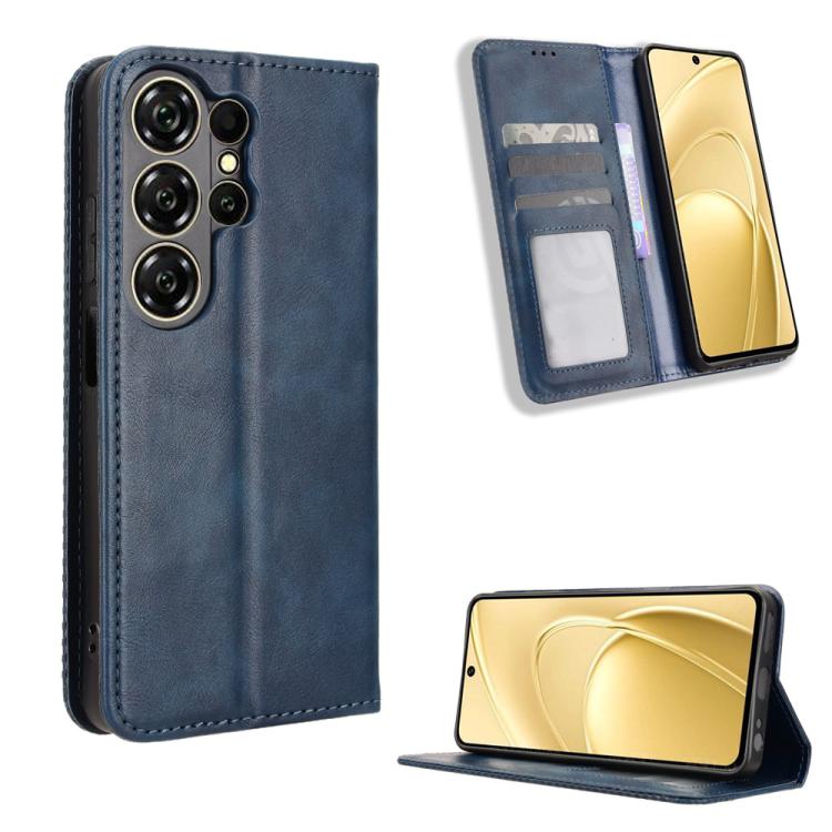 Magnetic buckle leather phone case with card slots and stand, dark blue
