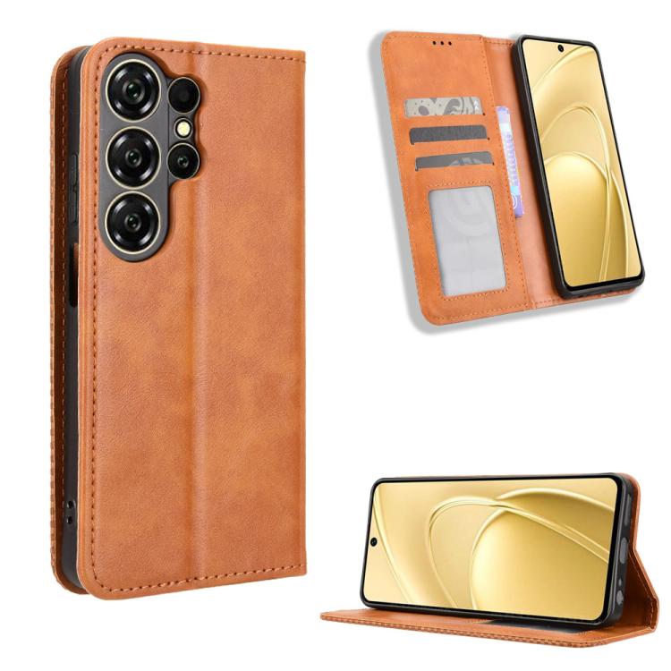 Magnetic buckle leather phone case with card slots and stand, brown