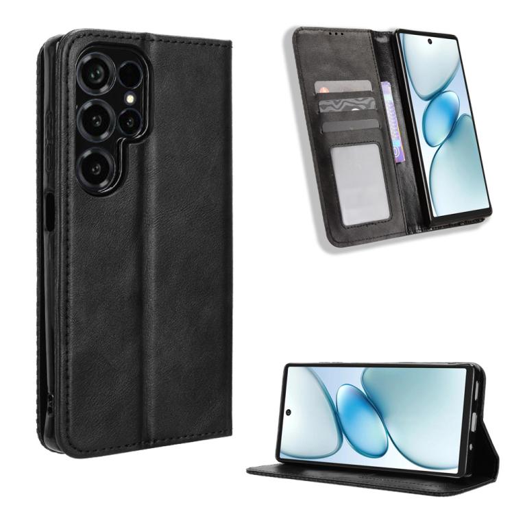 Black magnetic leather phone case with wallet slots and camera cutouts
