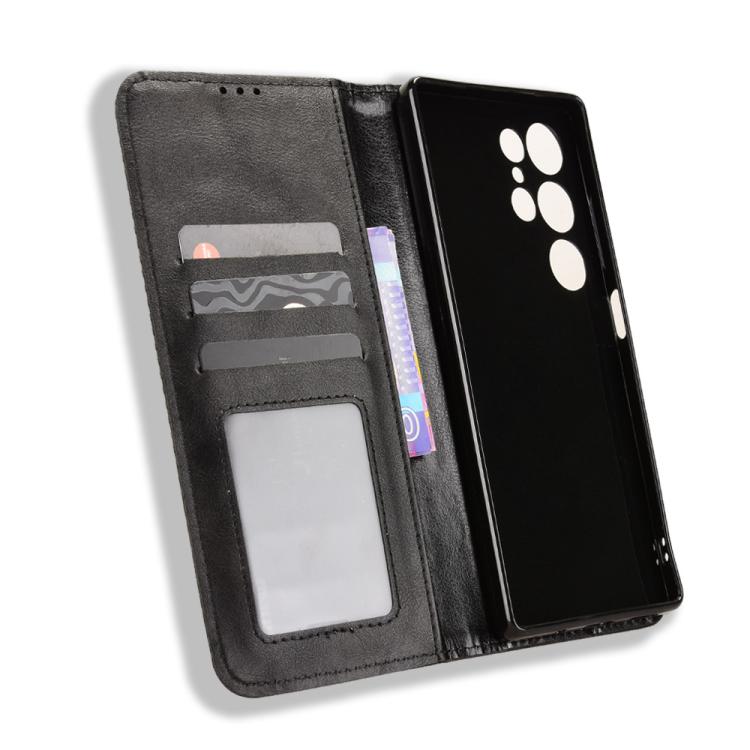 Black leather wallet phone case with card slots and magnetic closure