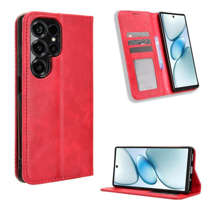 Red magnetic leather phone case with wallet slots and camera cutouts