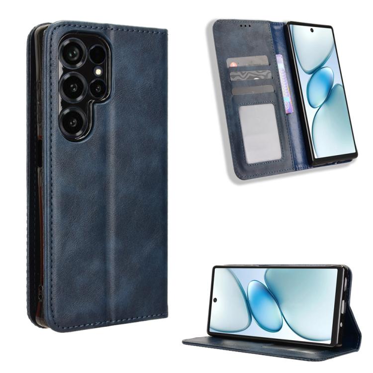 Blue magnetic leather phone case with wallet slot and camera cutouts