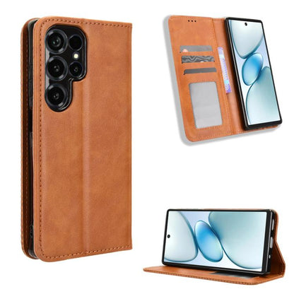 Brown magnetic leather phone case with wallet slots and camera cutouts