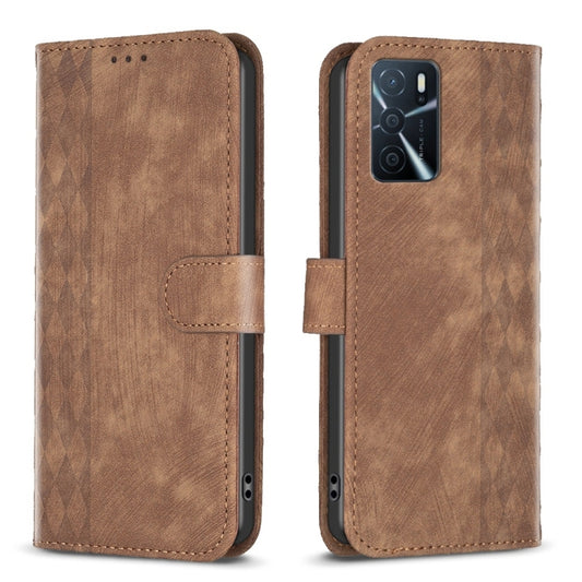 Brown plaid embossed leather-style phone case with flip cover and camera cutout.