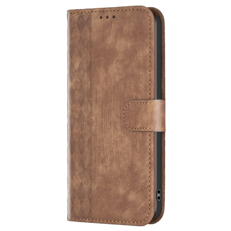 Brown plaid embossed leather phone case with flip cover and stitched hand strap