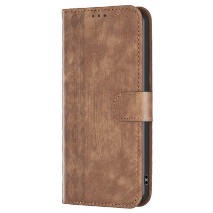 Brown plaid embossed leather phone case with flip cover and stitched hand strap